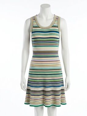 Milly Striped Ribbed Knit Fit Flare Dress Sleeveless Multicolor Women Size Large